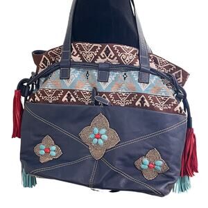 by sharif Kilim Bucket Bag Boho Southwest Tapestry Purse Leather Trim India